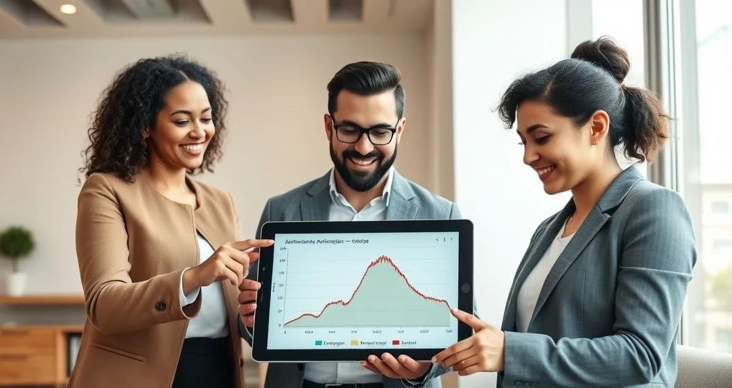 Financial advisor points to tablet showing loan amortization curve with a large end spike while a diverse couple listens in a modern office
