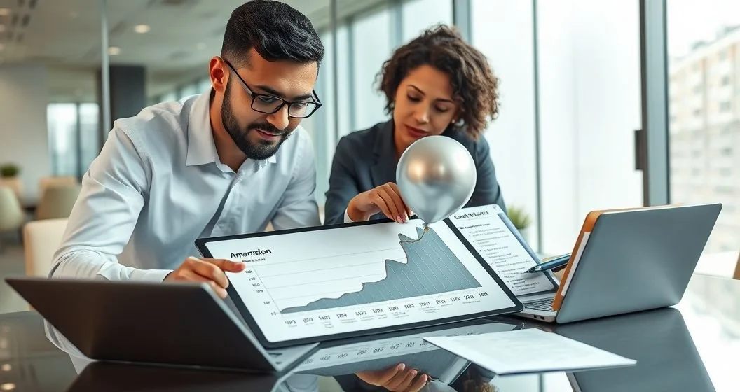 Financial advisor and borrower review a loan timeline with a highlighted large final payment and a small silver balloon attached, in a modern conference room.