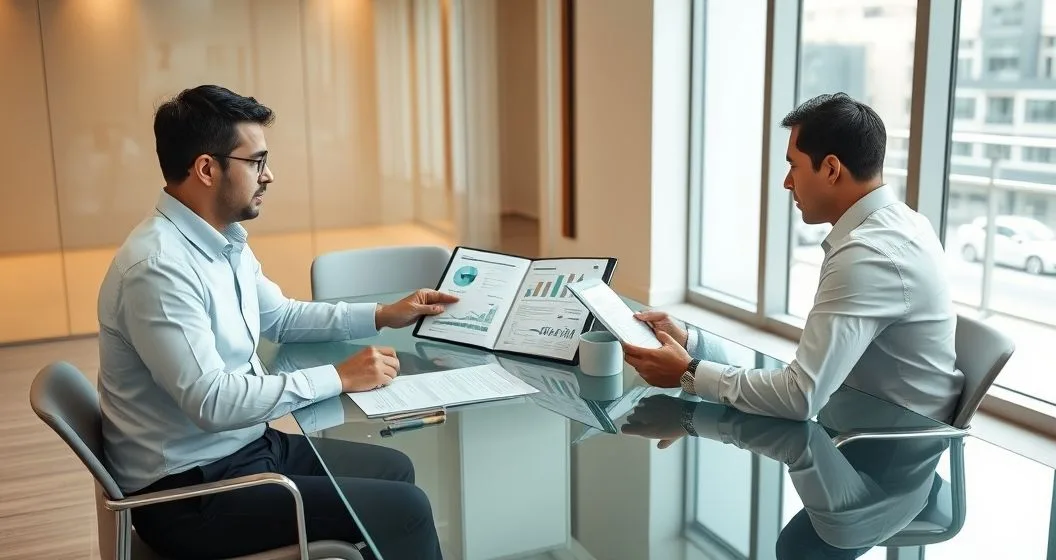 Small business owner and bank officer reviewing a loan proposal binder across a conference table in a modern meeting room.