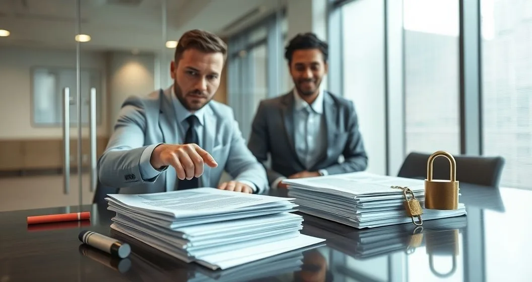 A bankruptcy attorney explains two stacks of tax documents to a client one stack appears erased and the other secured with a padlock representing dischargeable and nondischargeable tax debts
