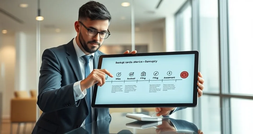 Attorney and client review a timeline of tax discharge tests on a tablet