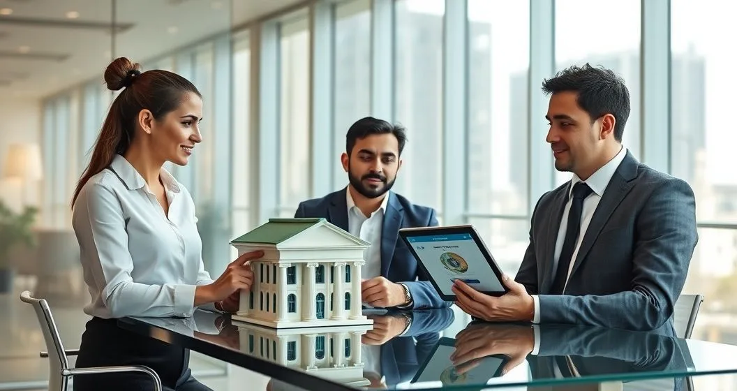 Three professionals at a modern conference table compare a miniature bank model a community ledger and a tablet with a mobile lending app representing bank credit union and fintech lenders