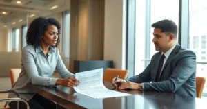 Home Tax advisor and client at a conference table reviewing a form as they start an innocent spouse relief claim, advisor pointing and offering a pen.