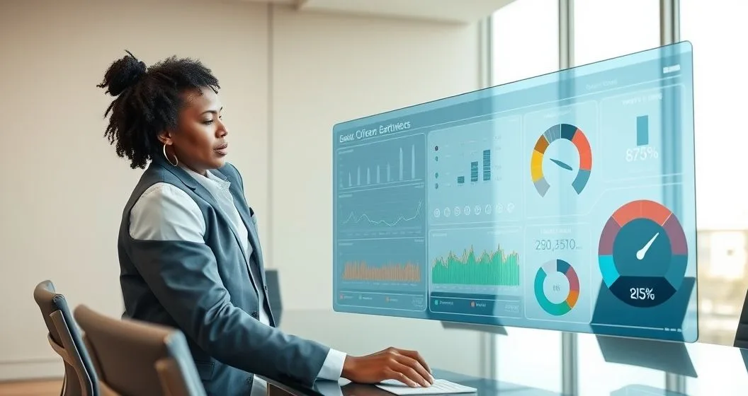 Two diverse financial professionals reviewing a transparent dashboard with transaction flows payment timing heatmaps real time signals and a color coded risk meter in a modern conference room
