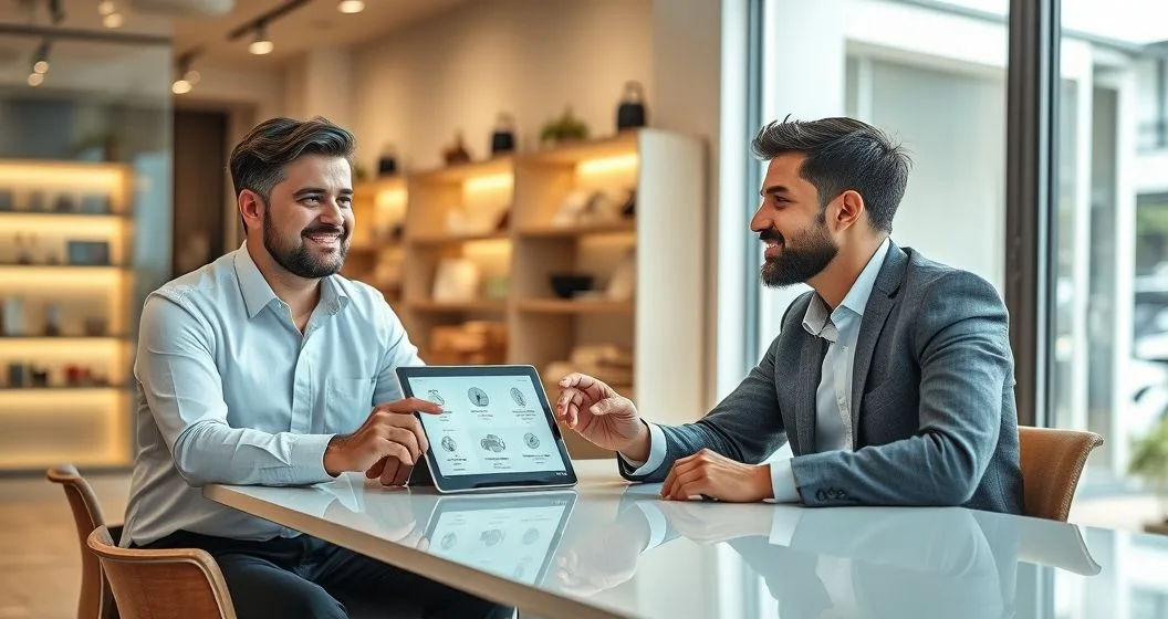 Small business owner and loan advisor reviewing pictogram tiles on a tablet in a modern boutique office as they discuss expansion financing options