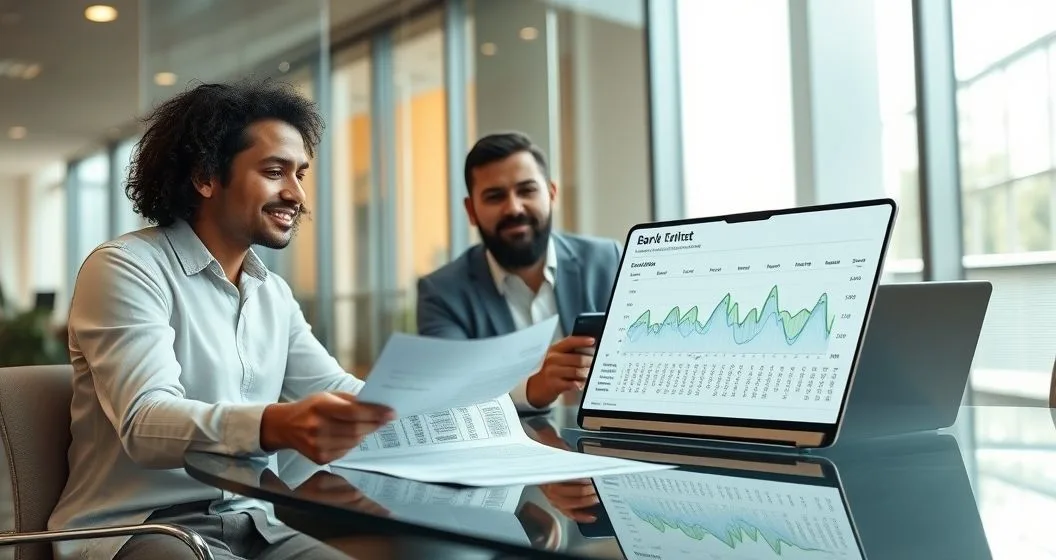 Diverse professionals reviewing bank statements and cash flow charts on a laptop in a modern conference room