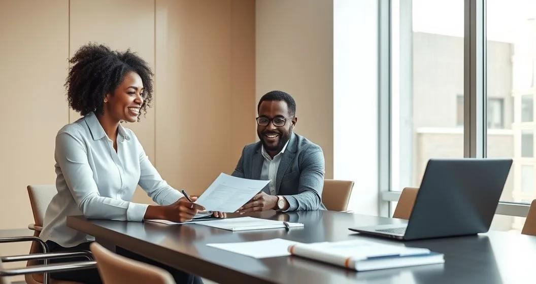 A borrower signing a claim form while a legal aid professional points to supporting documents at a neat conference table in a modern office.