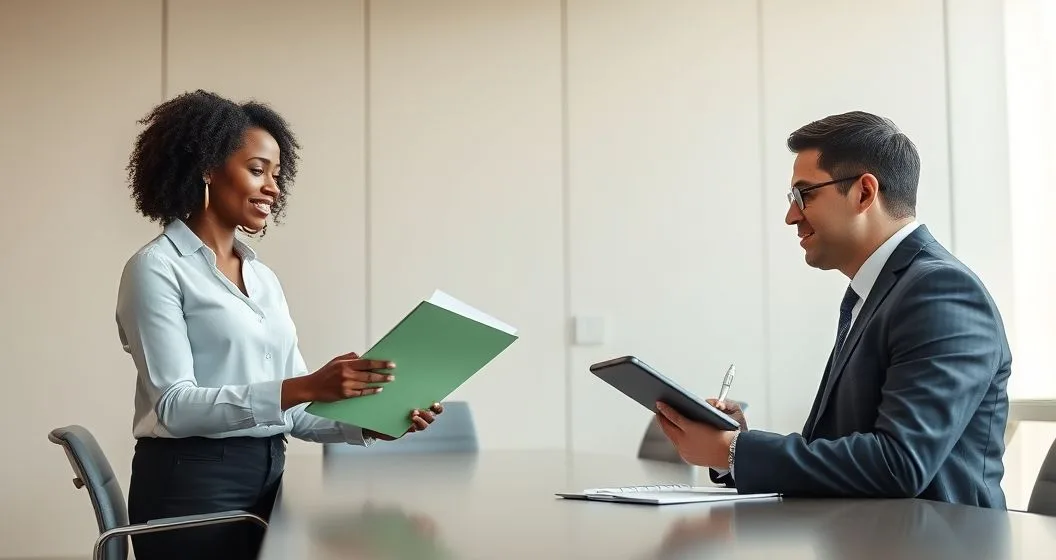 Borrower handing documents and a tablet to a loan adjudicator across a conference table in a clean government office