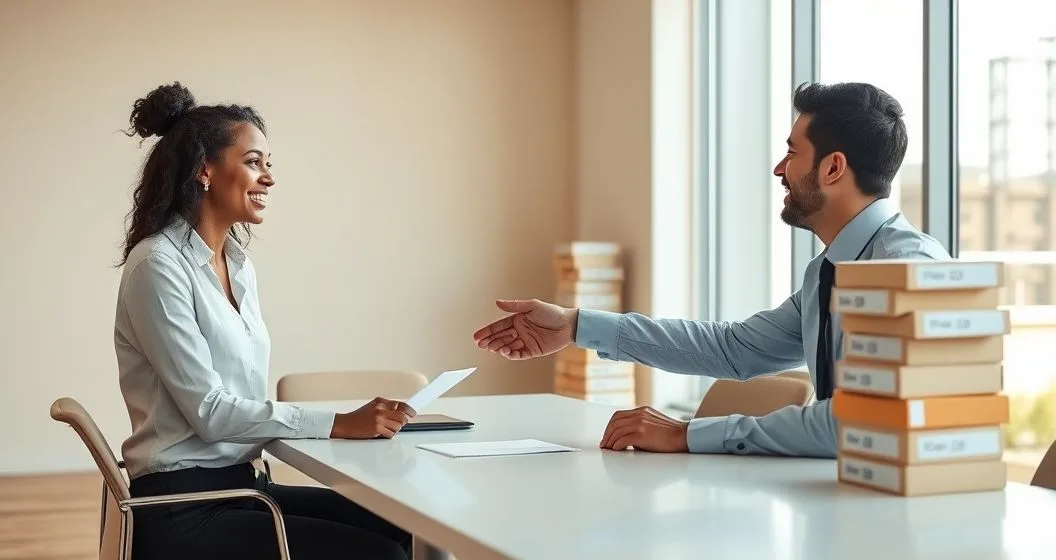 Small business owner and lender shaking hands across a conference table with a tablet and payroll envelope and inventory boxes in soft focus indicating short term bridge financing