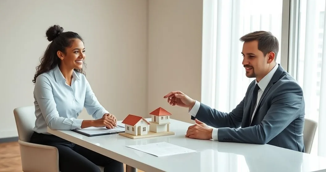 Mortgage broker explaining a short term bridge loan to a diverse couple using a tablet, house model, and contracts on a modern conference table.