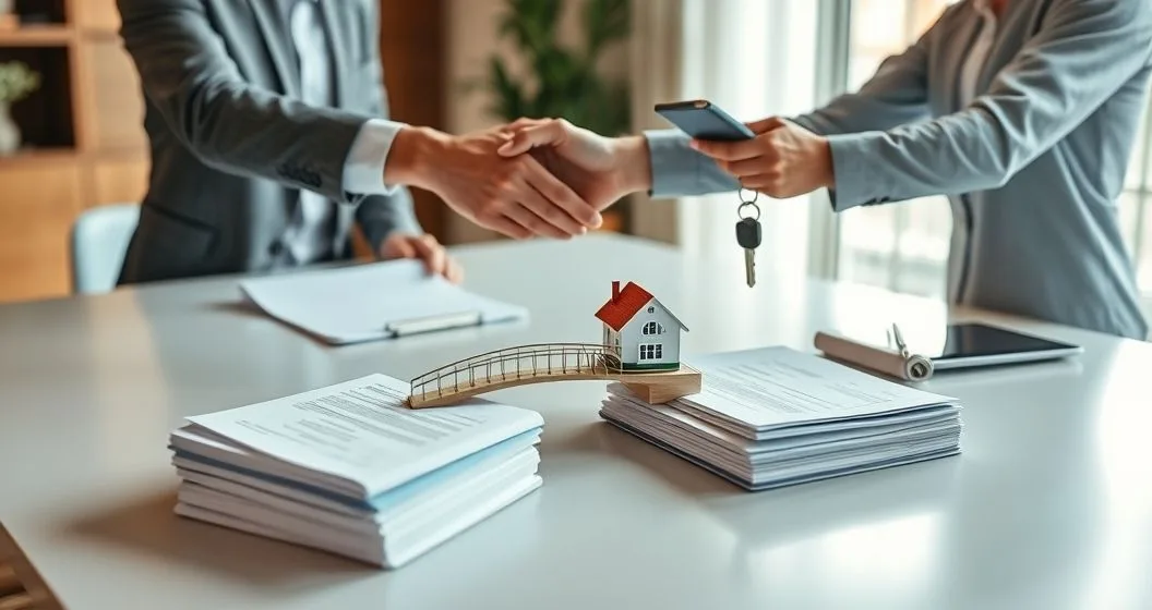 Loan officer and buyer shake hands at a closing table with a house model and a tiny bridge connecting contract stacks while a realtor places keys.