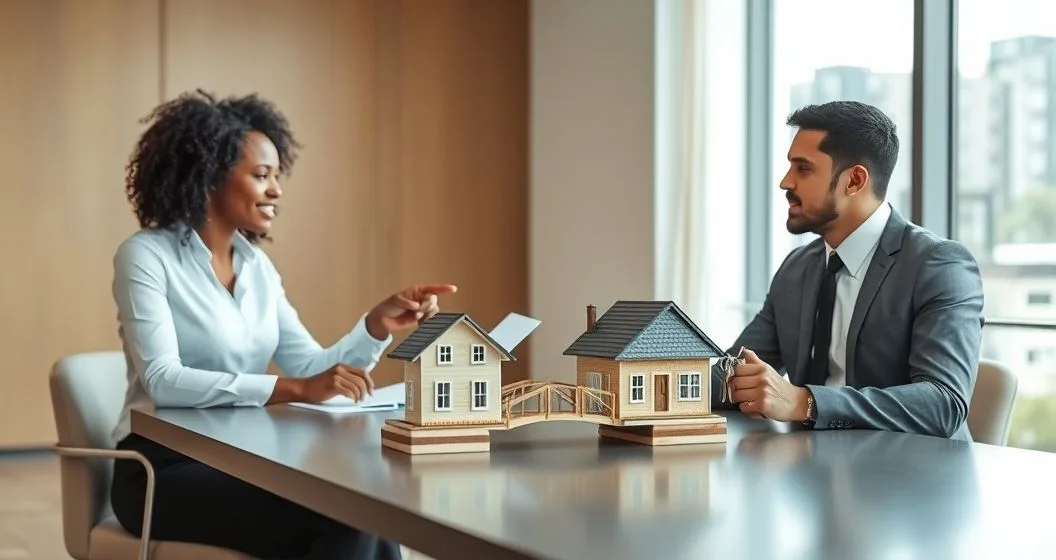 Loan officer and homebuyer at a modern table with two small house models connected by a wooden bridge as the agent points to a contract and the buyer holds keys