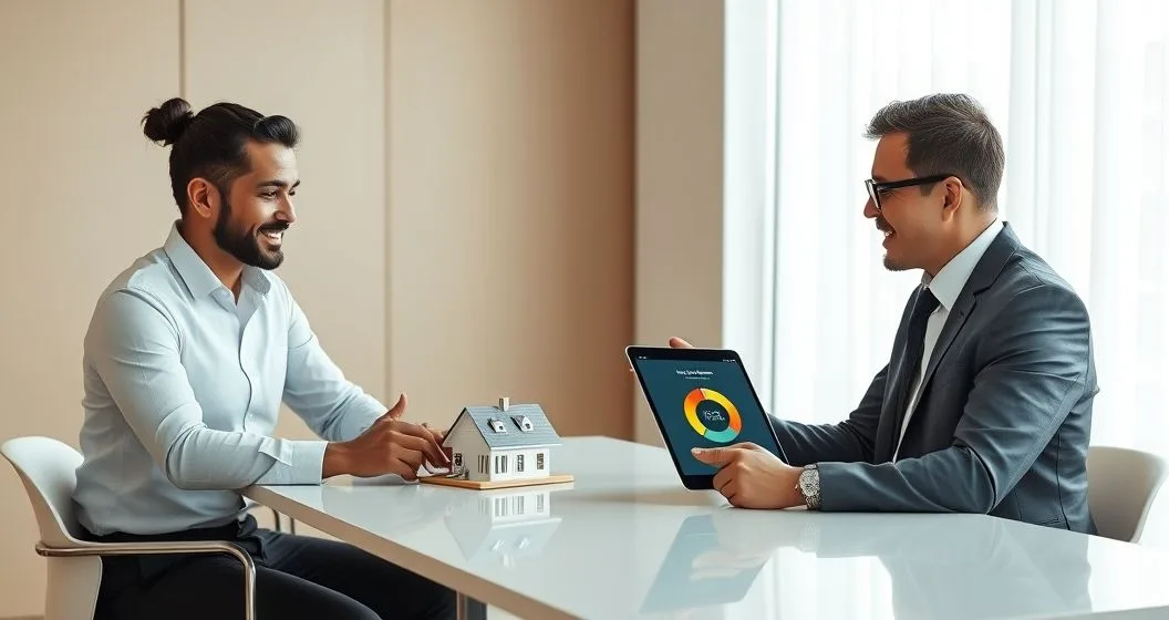 Financial advisors explain bridge loan shown by house model and keys and personal line of credit shown by credit card and tablet to a diverse couple at a clean conference table
