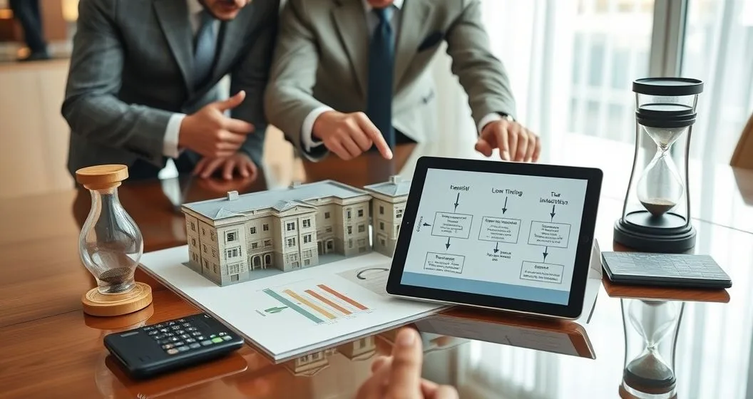 Investor and two advisors discussing a scale property model and tablet diagram at a conference table with an hourglass and calculator.