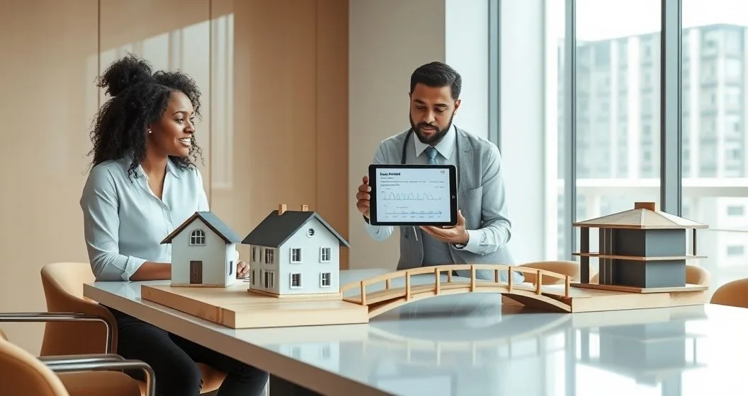Loan officer and borrower at a conference table with house and apartment models linked by a small bridge model and a tablet showing a timeline graphic.