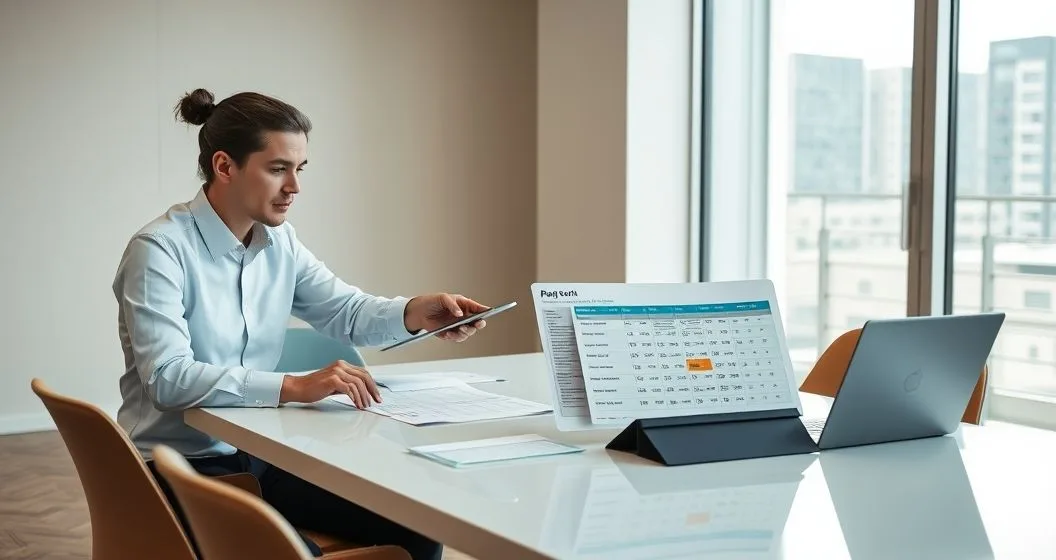 Two professionals at a modern office table reviewing payroll tax returns and a repayment plan on a laptop and tablet.
