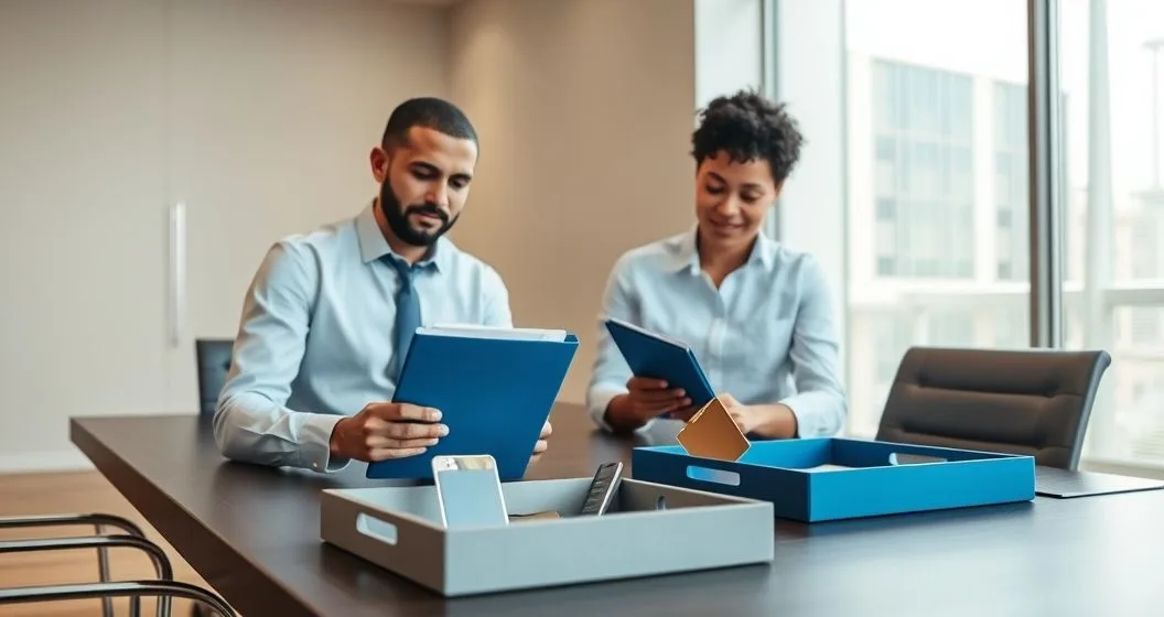 Business owner and accountant placing business documents and a corporate card into a blue folder while moving a personal card into a separate gray tray on a clean desk.