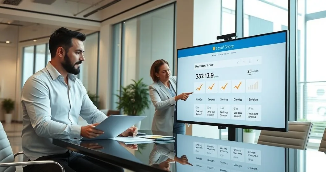 Three professionals in a modern conference room signing corporate documents while a financial advisor points to a monitor showing a rising business credit visualization