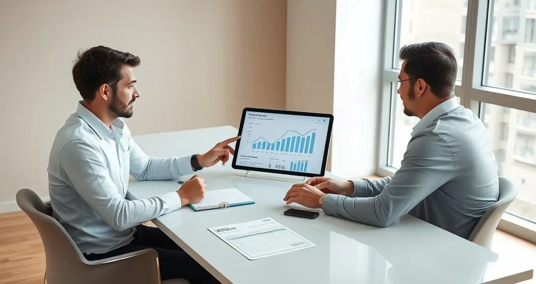 Founder and financial advisor reviewing a tablet showing a business credit dashboard with registration document and invoice on the table