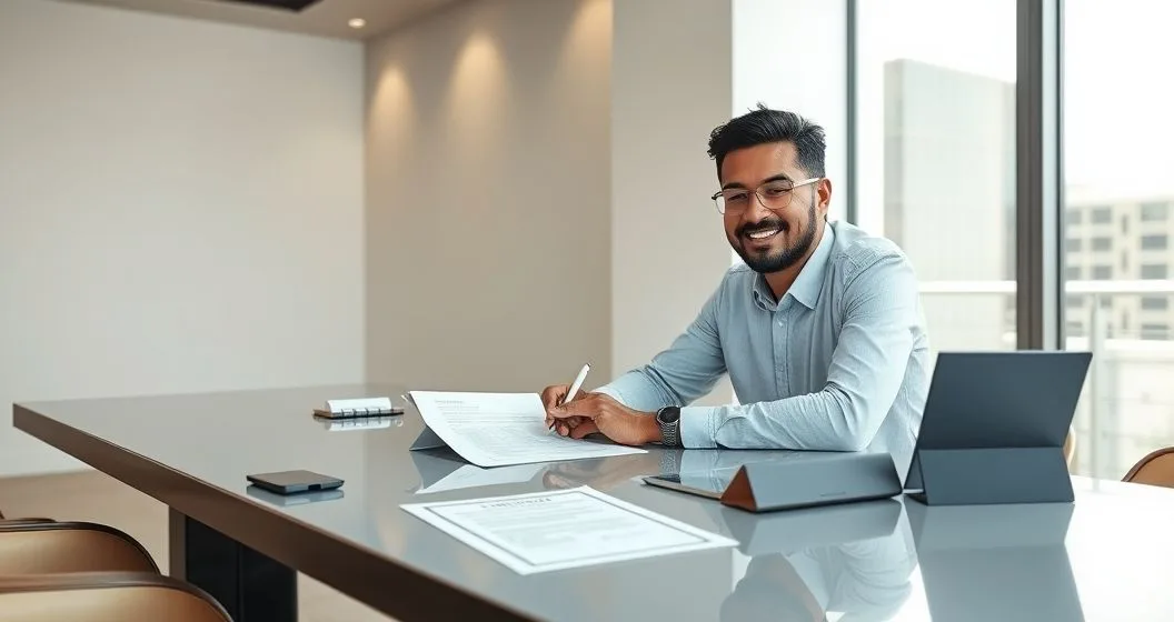 Small business owner signing formation documents while a financial advisor points to a checklist on a tablet; desk shows a business card holder, corporate card, paid invoice and embossed certificate in a modern office.