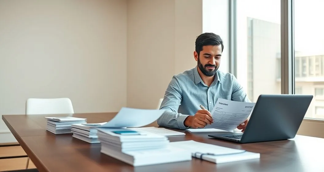 Two professionals at a modern table entering vendor trade lines on a laptop and signing bank paperwork to establish business credit