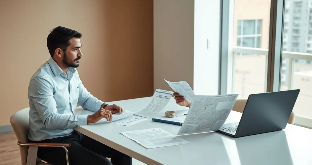 Tax advisor and client reviewing ID card lease and utility bills at a modern conference table to demonstrate state residency