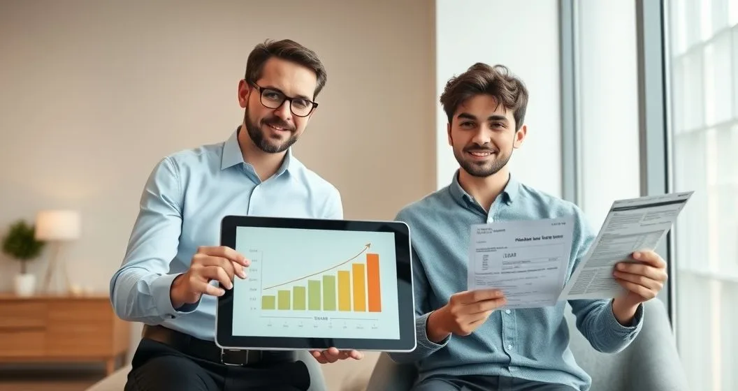 Financial advisor points to a tablet showing a simple rising credit timeline while a young borrower holds a rent receipt in a minimalist office