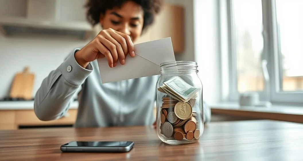 Young professional putting an envelope into a glass jar of coins and bills on a clean kitchen table with a smartphone showing a budgeting chart nearby