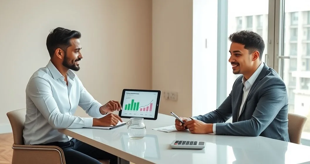 Financial advisor explaining emergency fund progress and low cost borrowing options to a couple at a modern office table with jar of cash and tablet