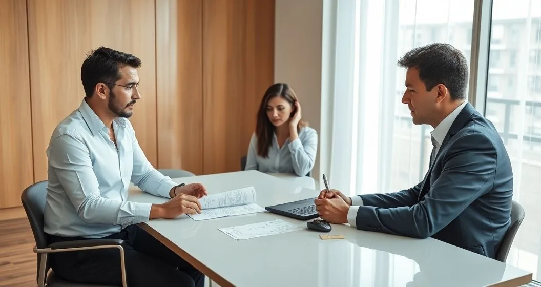 Separated couple with mortgage loan officer and divorce attorney reviewing mortgage and title documents in a modern conference room
