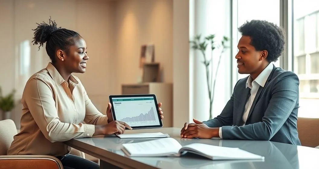 Loan officer showing a tablet with an installment timeline to a relieved borrower in a modern community finance office