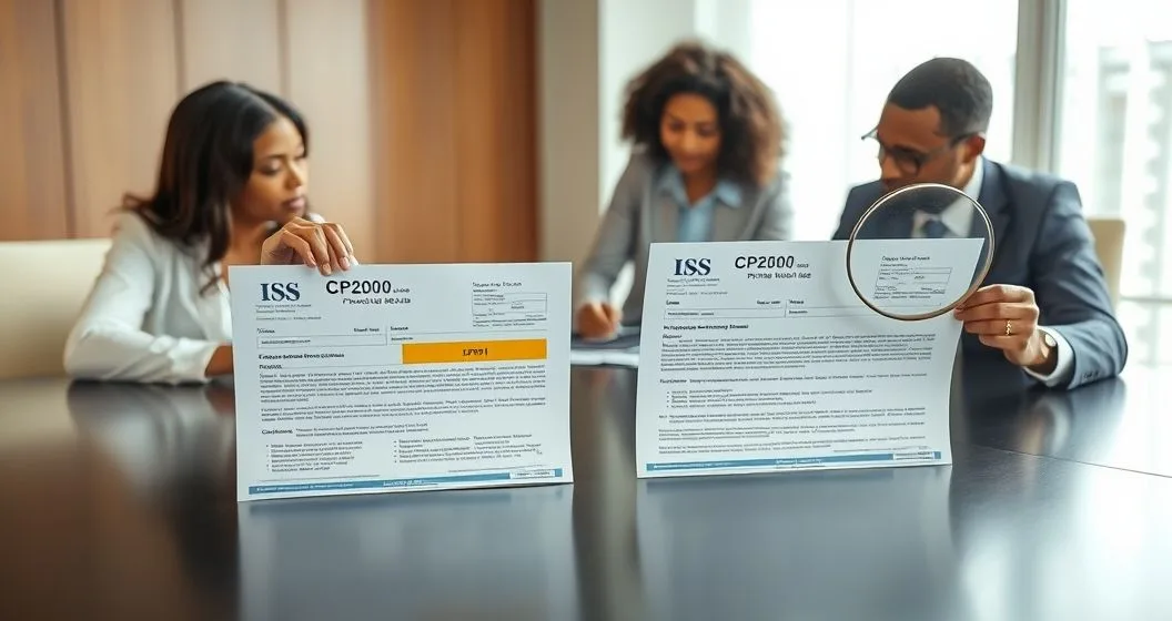 Tax advisor and client at a conference table comparing two IRS notices labeled CP2000 and CP2501 with the CP2000 showing a highlighted proposed balance due and the CP2501 being inspected with a magnifying loupe