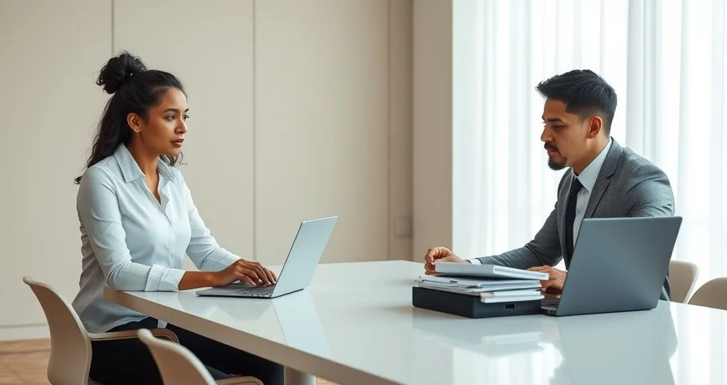 Tax professional shows CP49 refund delay notice to a diverse couple in a modern office