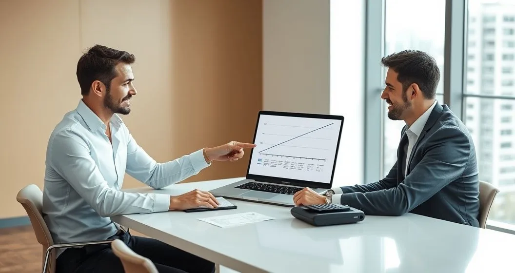 Financial advisor points to a laptop showing a break even line graph crossing while a borrower looks on, with calculator and loan papers on a minimalist table.
