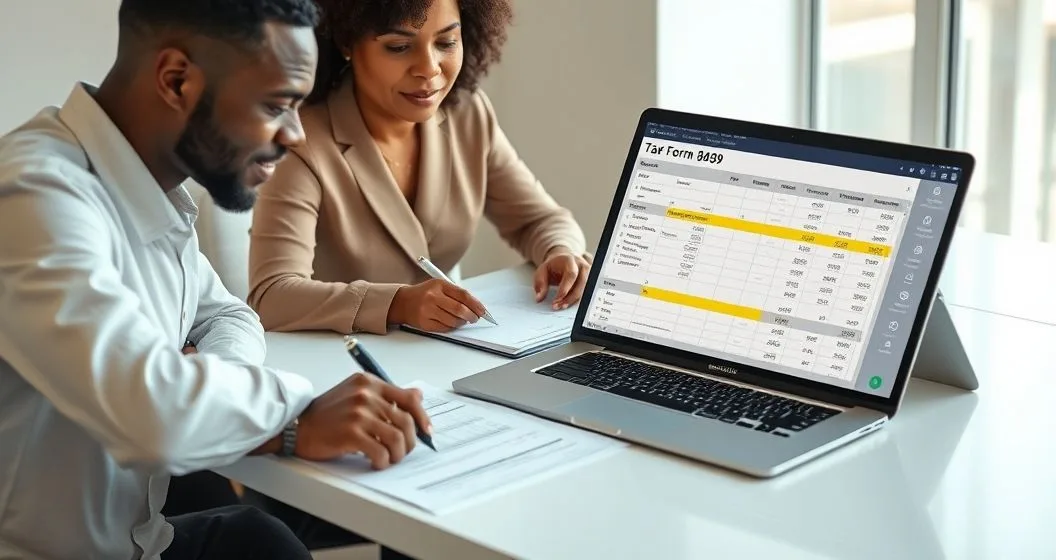 Tax professional and client reviewing Form 8949 and Schedule D at a conference table with a laptop, annotating proceeds adjusted cost basis and holding periods