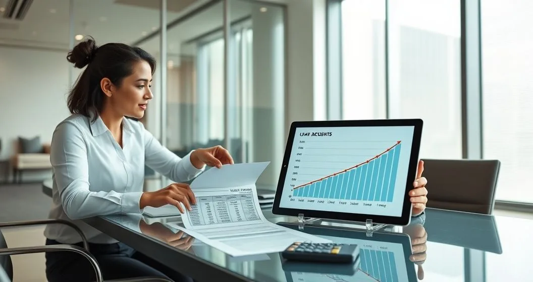 Financial analyst pointing at a tablet displaying a stacked fee chart and compounding curve while a client reviews loan documents and a calculator sits on a glass conference table