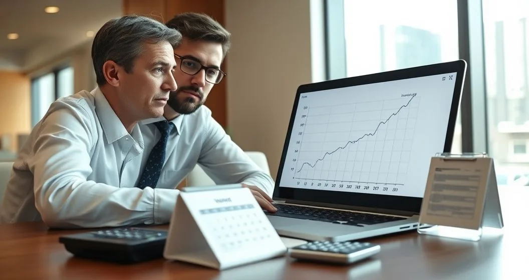 Tax advisor and client reviewing a laptop with a rising interest accrual graph next to a desk calendar marked daily and a calculator in a modern office