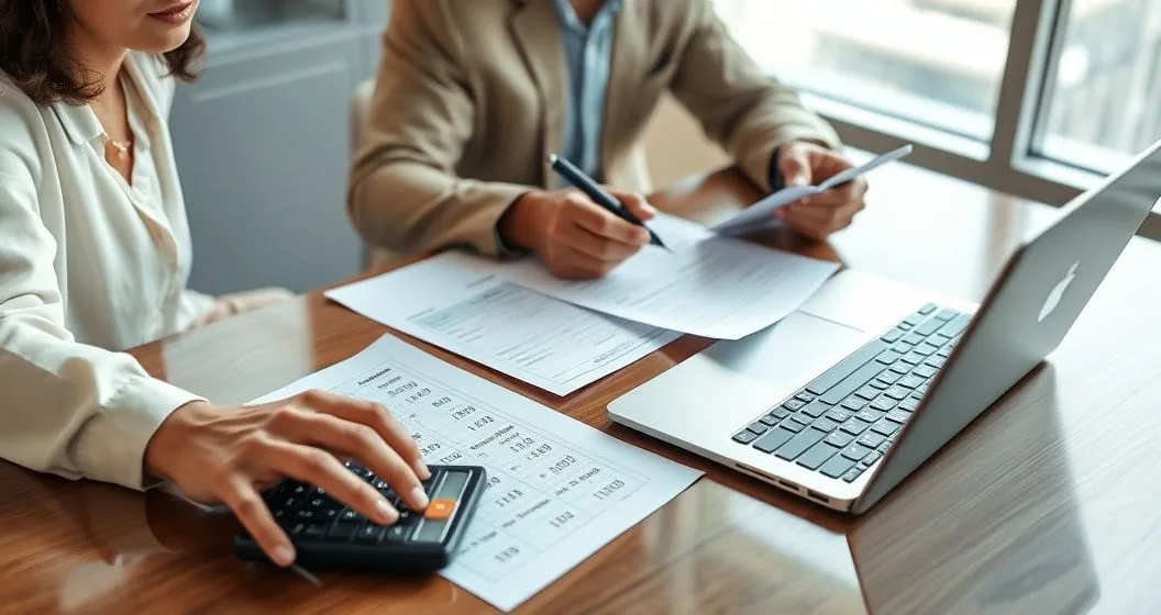 Tax advisor and client at a conference table using a calculator spreadsheets and laptop to compute an affordable monthly payment