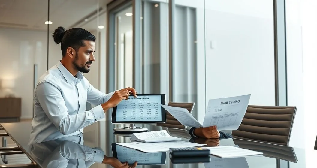 A financial advisor and client compare a tablet and printed statements to calculate savings from consolidating multiple debts into a single loan