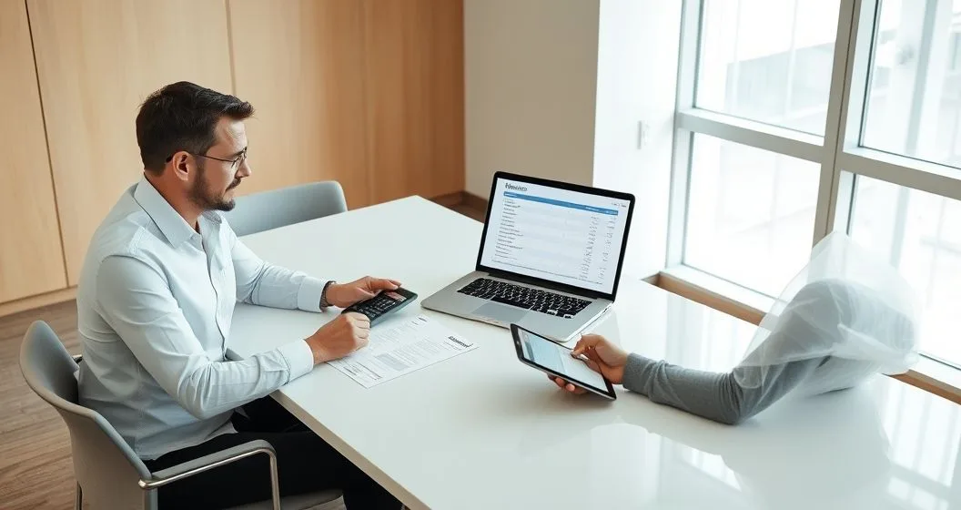 Financial counselor and client at a minimalist conference table reviewing printed expense statements a calculator and a laptop spreadsheet while pointing to line items in a modern office