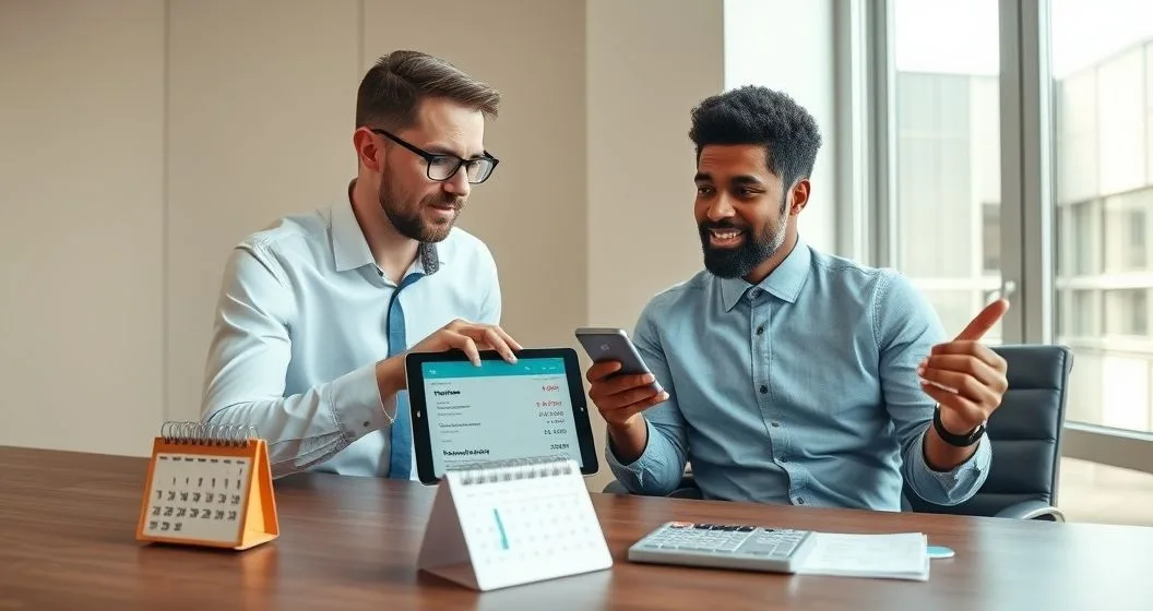 Tax advisor and client reviewing a penalty calculation on a tablet with a calendar and smartphone in a modern office