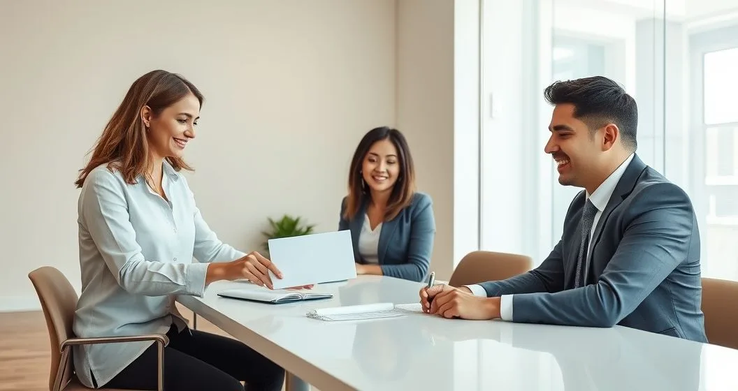 Mortgage advisor sliding an envelope of cash to a diverse homeowner couple signing refinance documents at a modern bank office table.