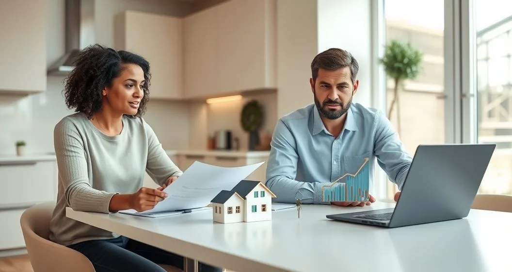 Homeowner and mortgage advisor reviewing loan documents at a kitchen table with a laptop showing a rising loan balance chart and a small house model, serious mood