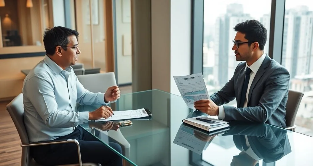 Homeowner meets two loan officers in a modern office one shows a consolidated mortgage with cash on the table the other presents a separate home equity loan document and rate chart