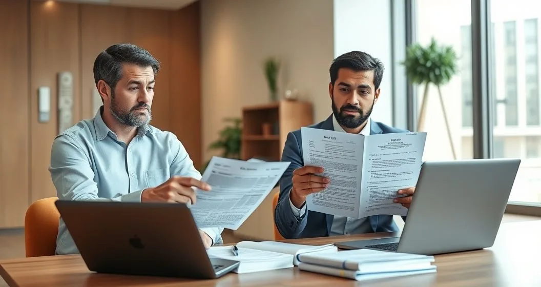 Taxpayer and tax advisor review a printed notice and supporting documents at a minimalist conference table in a modern office