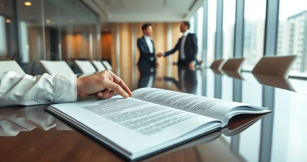 Lawyer points to a highlighted clause in a loan agreement while executives shake hands through a glass wall indicating an ownership change.
