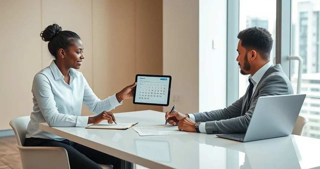 Tax advisor shows a client a tablet with an editable payment schedule as the client signs a paper agreement in a modern office