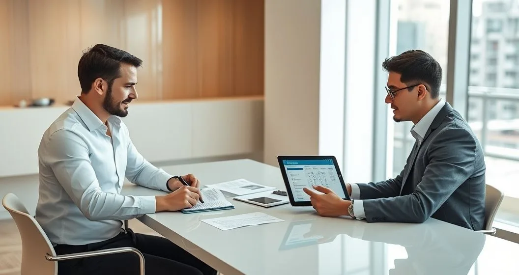 Loan officer reviewing receipts and a tablet profile with applicant in a modern office