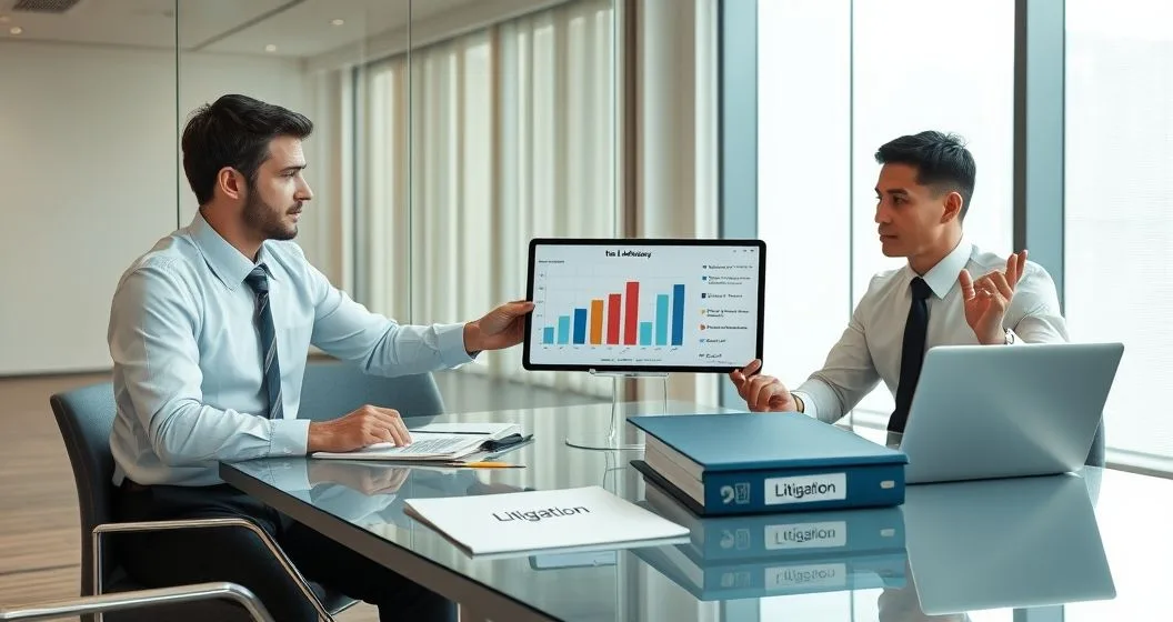 Tax attorney and CFO comparing settlement and litigation options over documents and a tablet showing cost time and risk comparison in a modern conference room