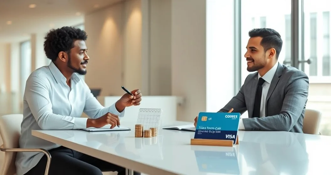 Financial advisor and business owner compare a term loan represented by coins and a calendar and a revolving credit option represented by a credit card and circular arrow model in a modern office